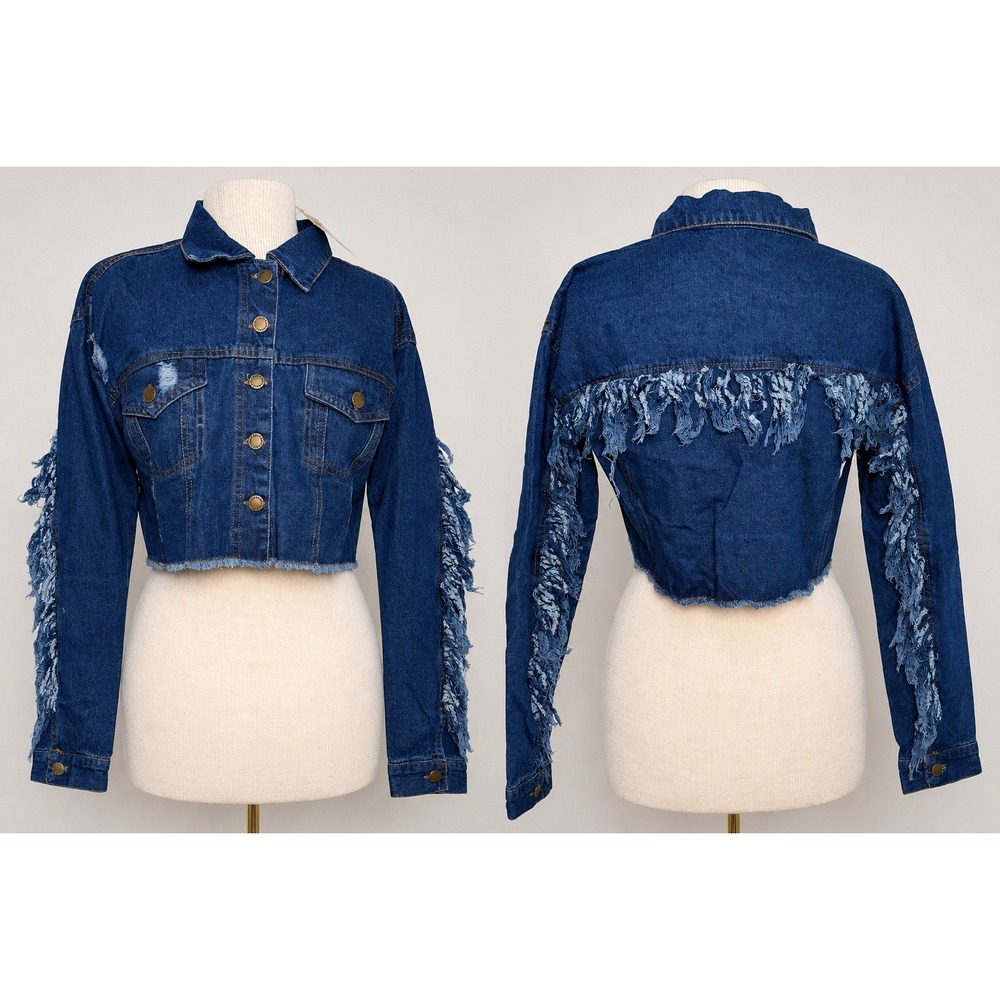 Taxi Premium Women Blue Frayed Fringe Cropped Denim Jacket Medium Wash Large NWT
